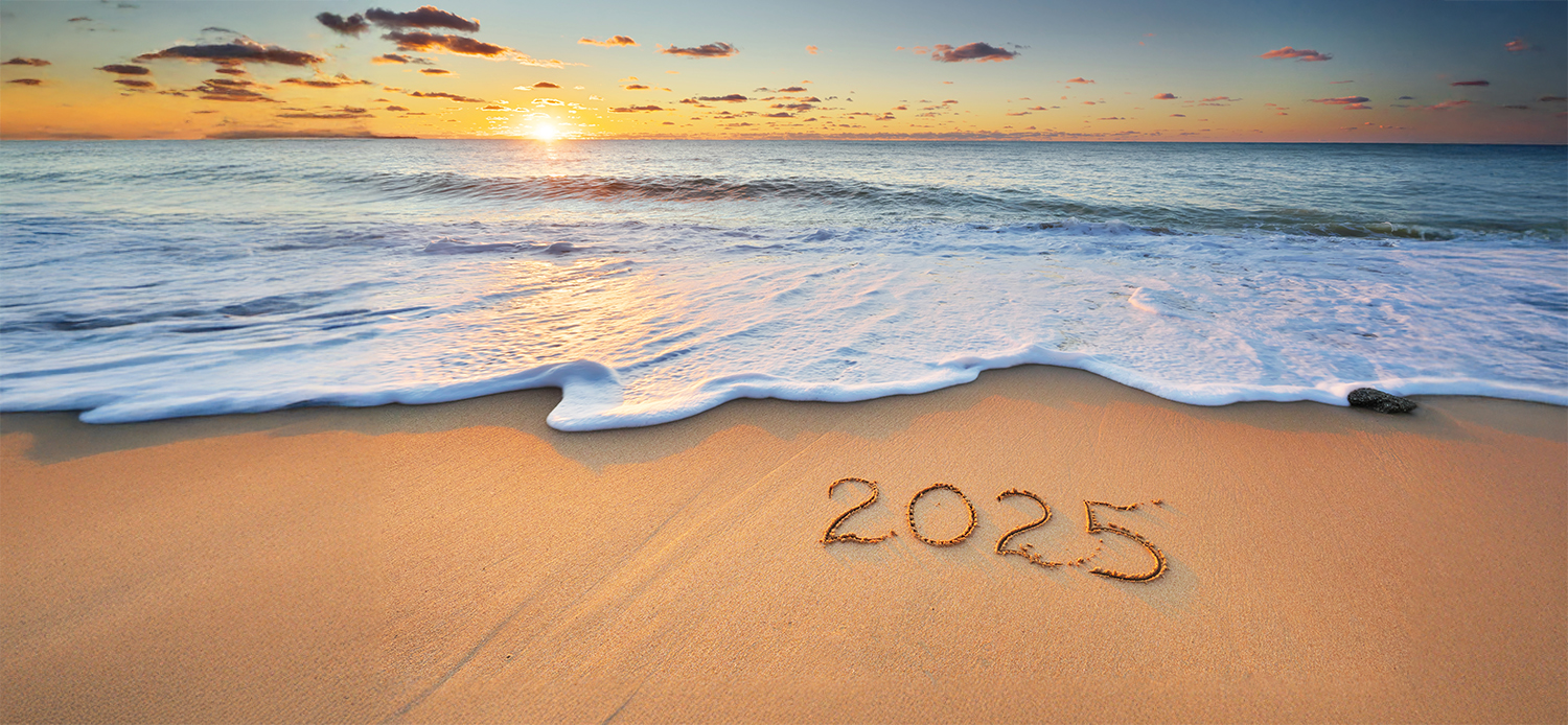 2025 year on the sea sand beach shore during sunset. Element of design.